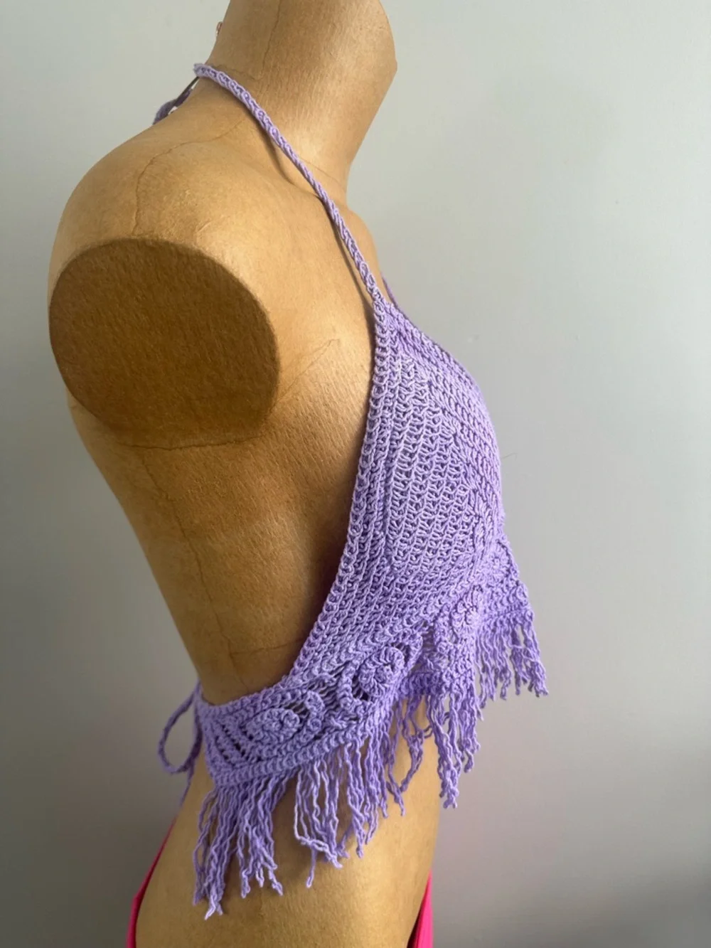 Lavender Crochet Halter Fringe Crop Top - Picture 5 of 5